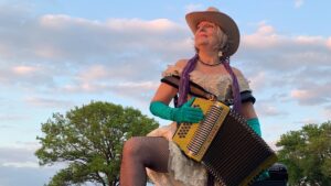 lady accordionist Western lace dress, button accordion,Texas Bluebonnets
