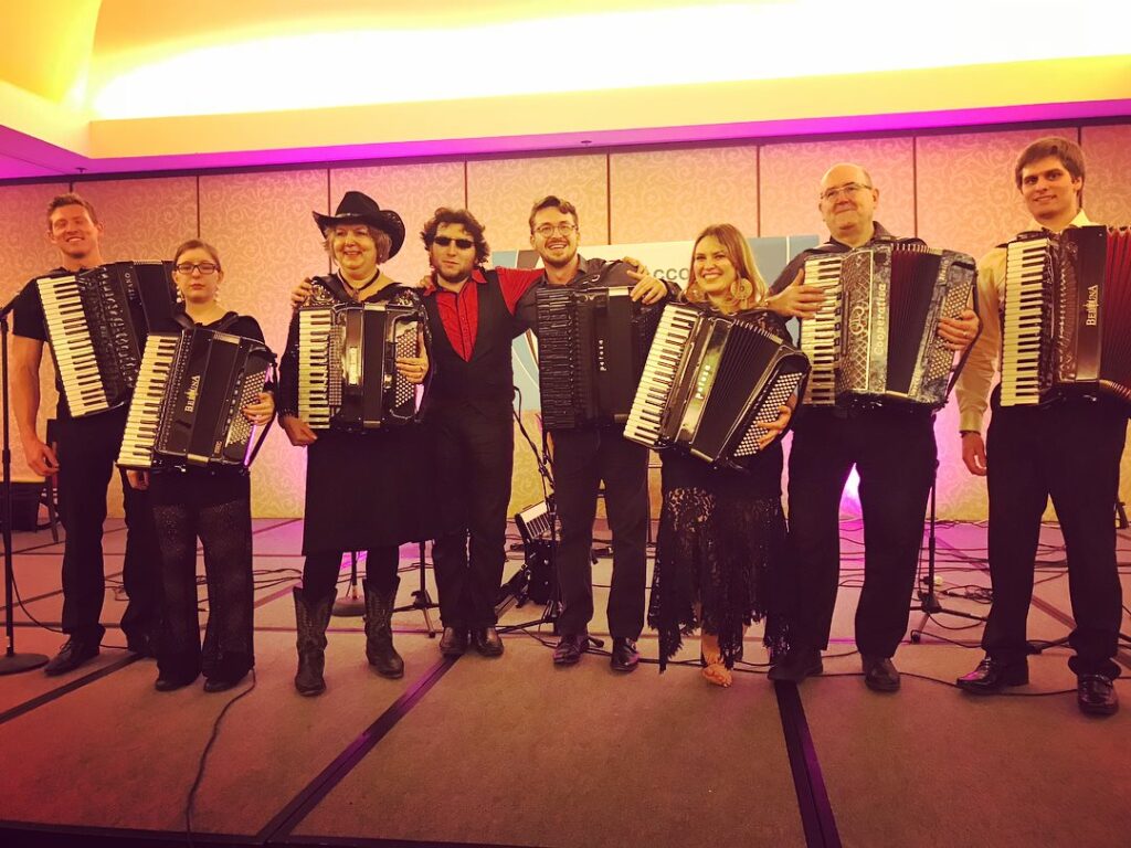 Accordion performers at National Accordion Association 2018 – Grayson Masefield, Rebecca Huck, Debra Peters, Cory Pesaturo, Gabe Rodriguez, Jamie Maschler, Gary Blair, Emmanuel Gasser


