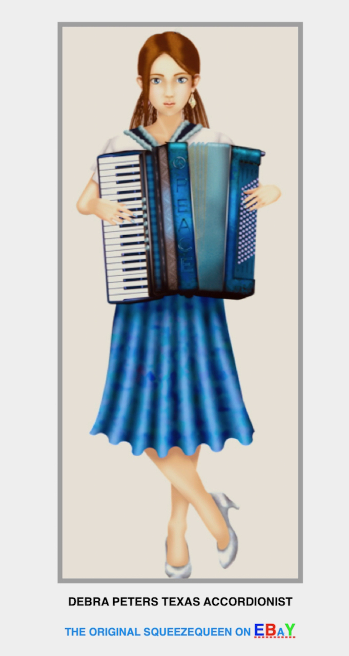 Debra Peters as the Texas Squeeze Queen cartoon playing accordion