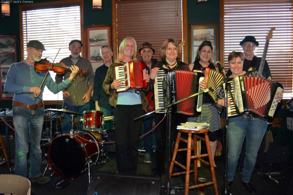 Lisa LeBlanc, Debra Peters, Sue Baines, and Allison Jenkins performing with Debra Peters & The Love Saints at the Accordion Round-Up show, Princeton Pub, Vancouver BC, Canada