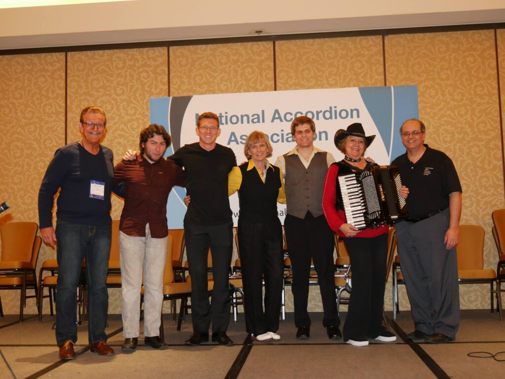 National Accordion Association group photo featuring Paul Betken, Cory Pesaturo, Grayson Masefield, Jessica Faltot, Emmanuel Gasser, Debra Peters, and Joe Natoli – 2017

