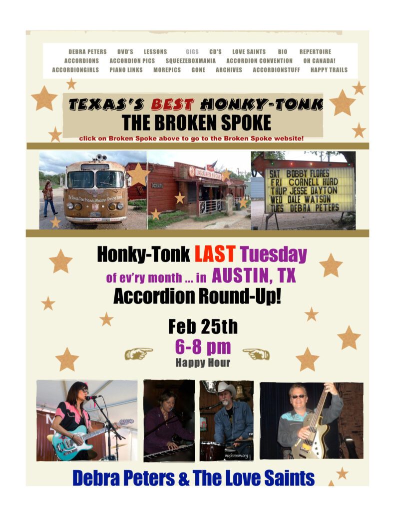 Broken Spoke Honky-Tonk poster advertising Accordion Round-Up with Debra Peters & The Love Saints on February 25th in Austin, Texas