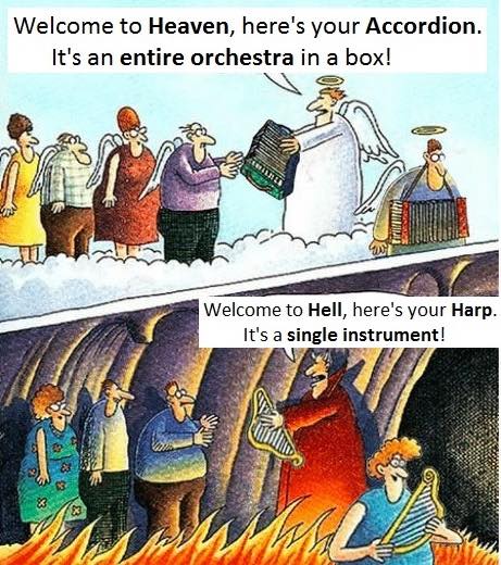 Humorous cartoon about accordion players going to heaven versus harp players going to hell