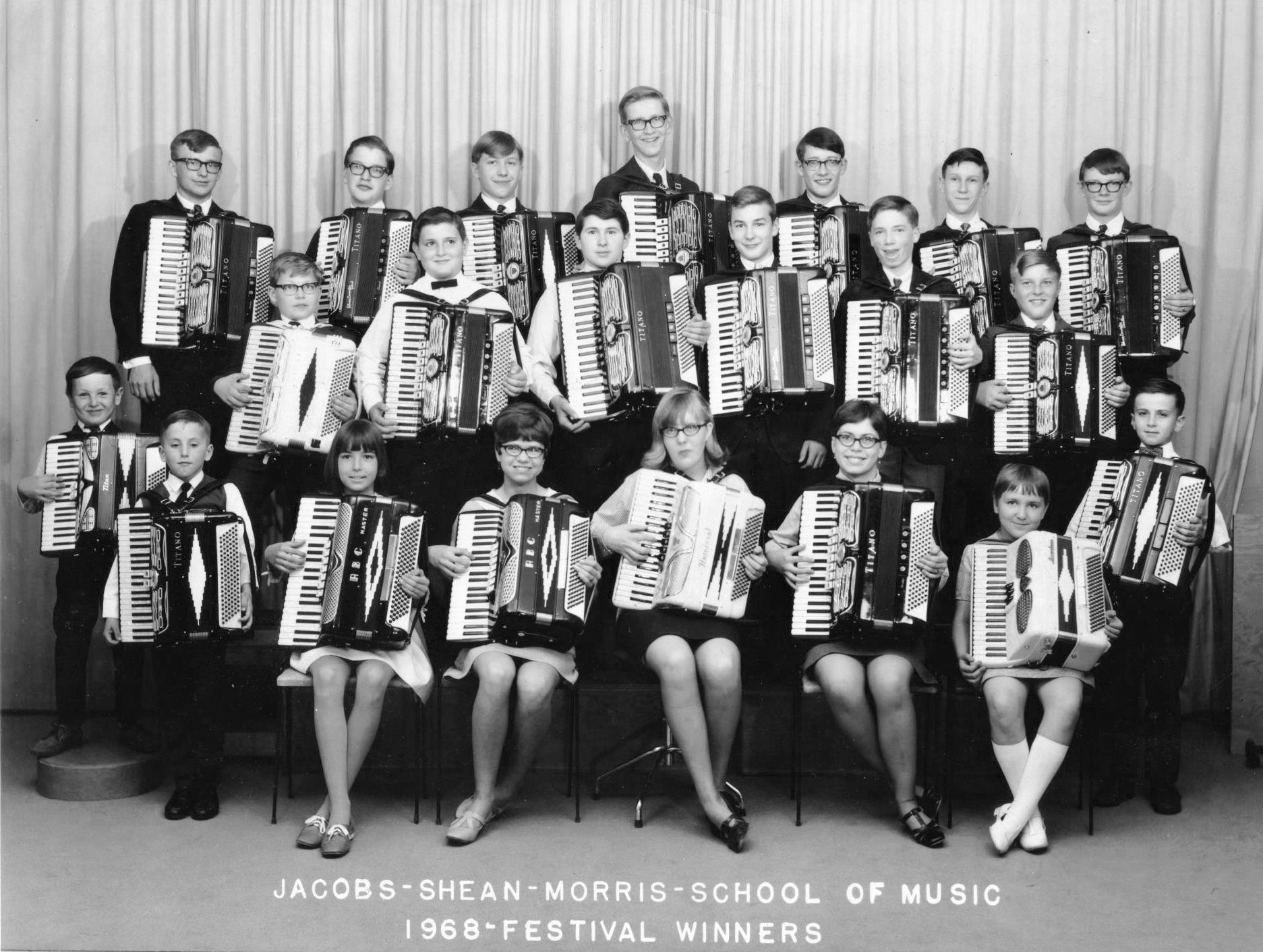 1968 group photo of young accordion students from Jacobs-Shean-Morris School of Music, festival winners