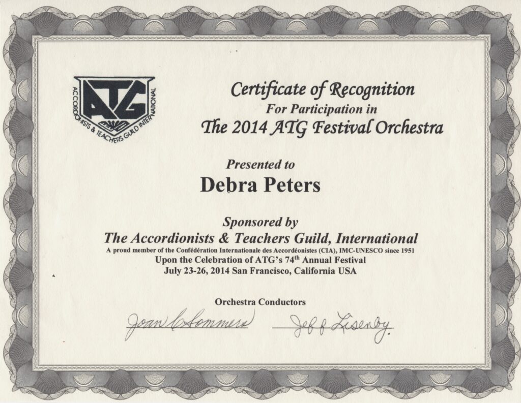 Certificate of Recognition for Debra Peters in the 2014 ATG Festival Orchestra