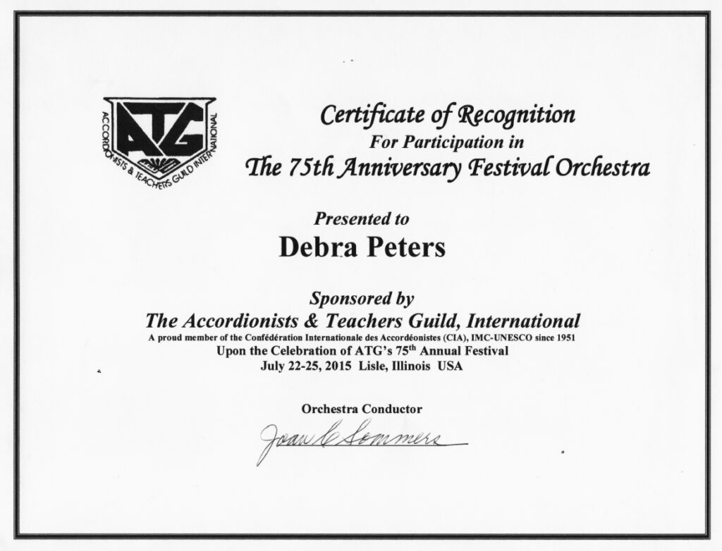 Certificate for Debra Peters participation in the ATG 75th Anniversary Festival Orchestra