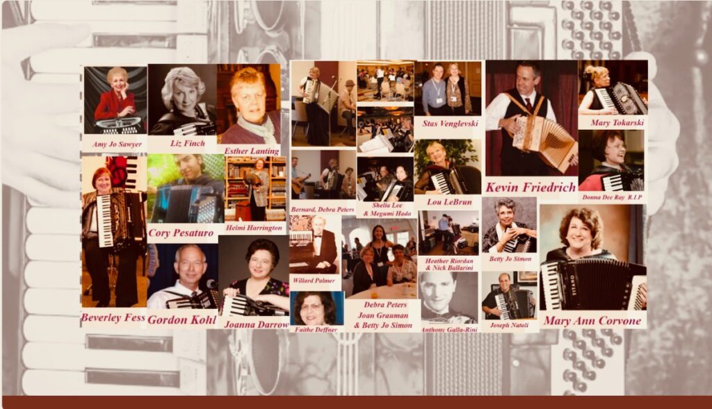 Collage of accordionists who are members or performed in the ATG International Orchestra with Debra Peters 2015 & 2016