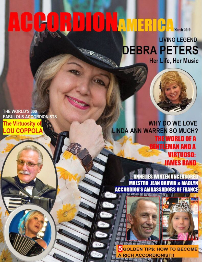 Debra Peters featured as Living Legend on the cover of Accordion America magazine March 2019