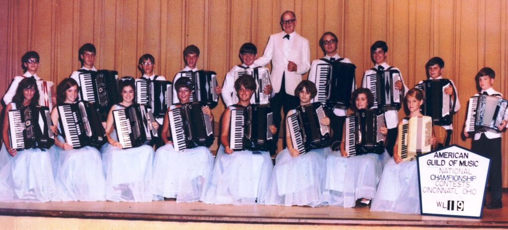 American Guild of Music accordion orchestra on stage at National championship in Cincinnati Ohio