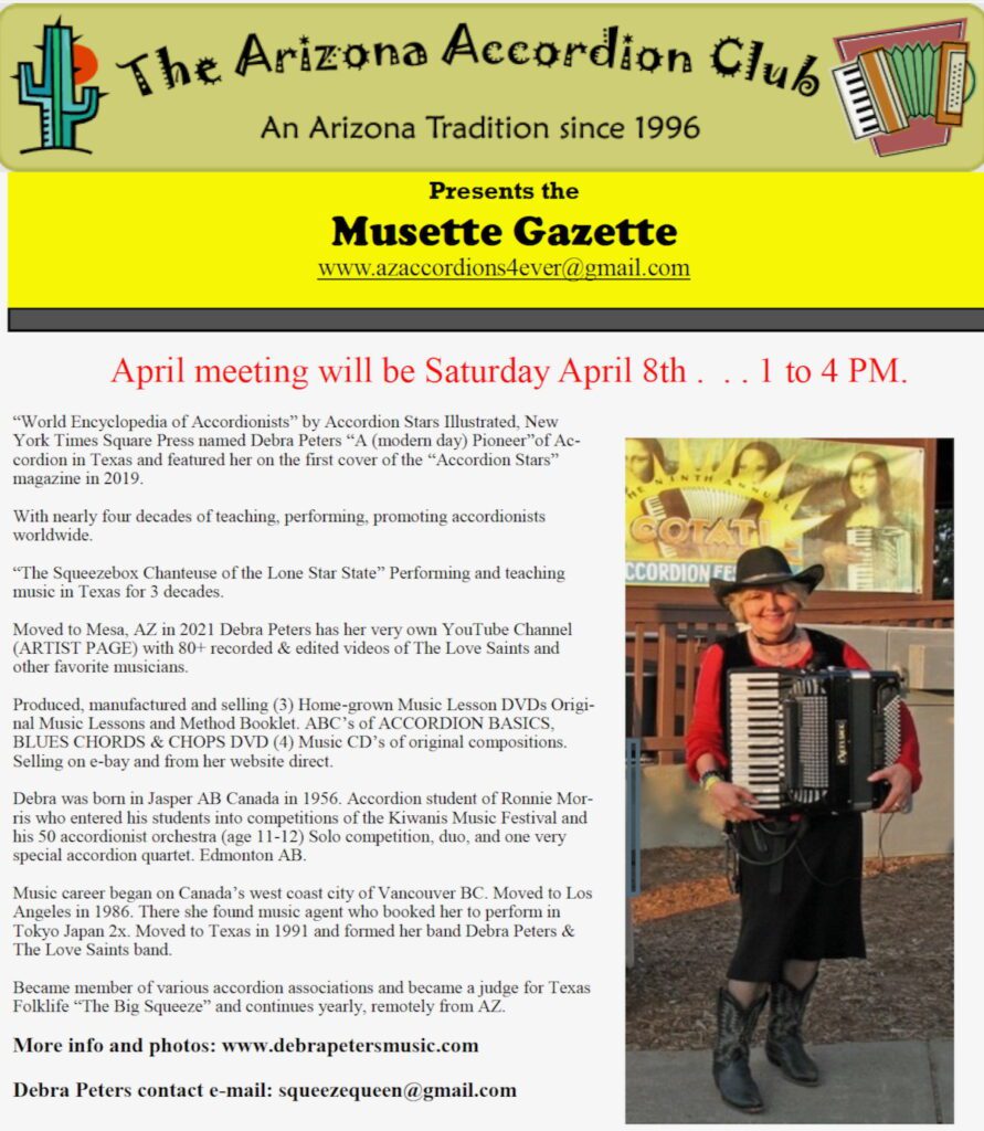 Debra Peters as guest artist performing at the Arizona Accordion Club in 2022