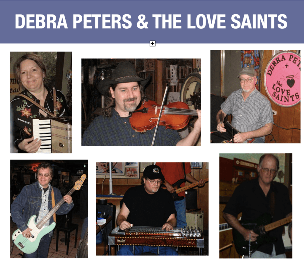 Debra Peters and The Love Saints band members collage – violin, bass, guitar, and steel guitar players