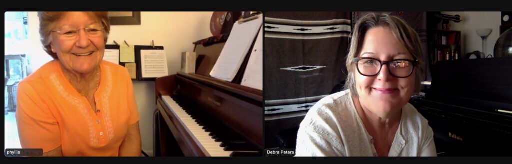 Debra Peters teaching piano lessons online via Zoom with student Phyllis