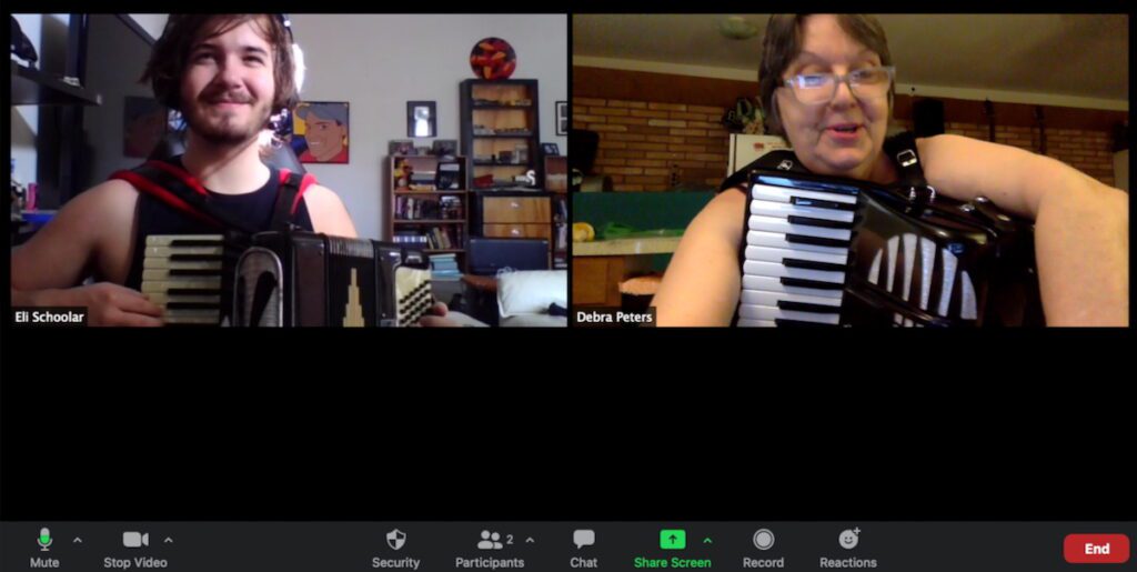 Debra Peters teaching accordion lesson on Zoom with student Eli Scoolar