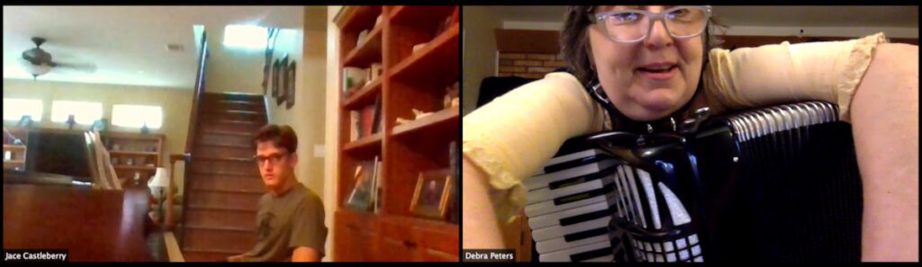Debra Peters teaching piano lesson on Zoom with student Jace Castleberry