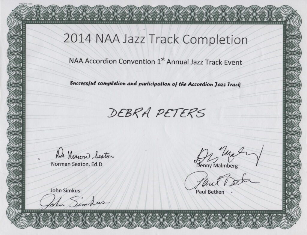 Debra Peters 2014 NAA Jazz Track Completion Certificate