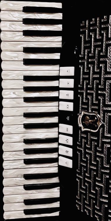 Close-up of a beautiful Paulo Soprani piano accordion with white keys and intricate grille work