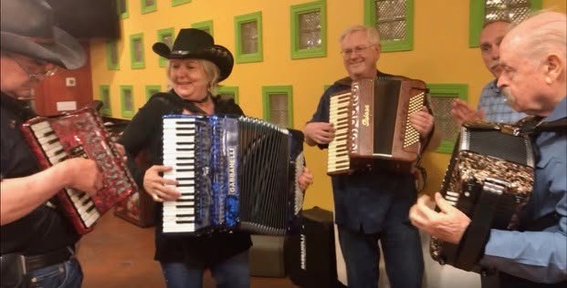 Debra Peters playing accordion with the Texas Accordion Brothers – JW Klaus, Mitchell White, Mike Sullivan, and Nick Ballarini at the Central Texas Accordion Club


