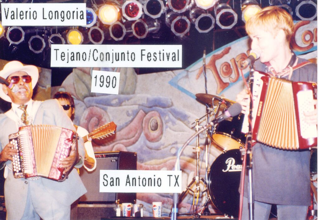 Debra Peters performing with Valerio Longoria at the Tejano/Conjunto Festival in San Antonio, Texas 1990