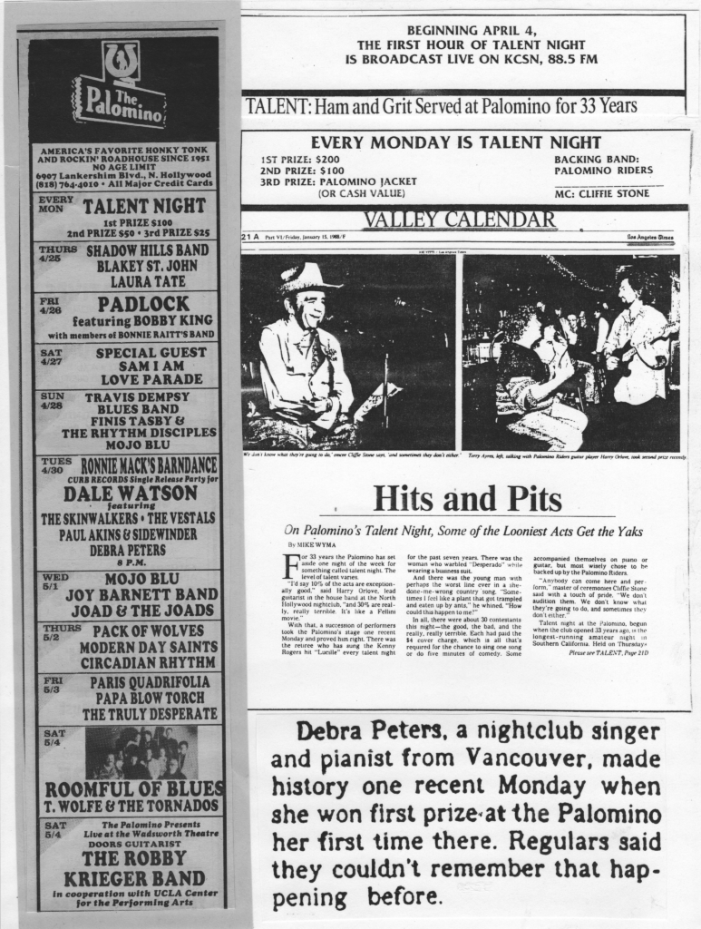 Newspaper clippings of Debra Peters winning first prize on Talent Night at The Palomino club in North Hollywood