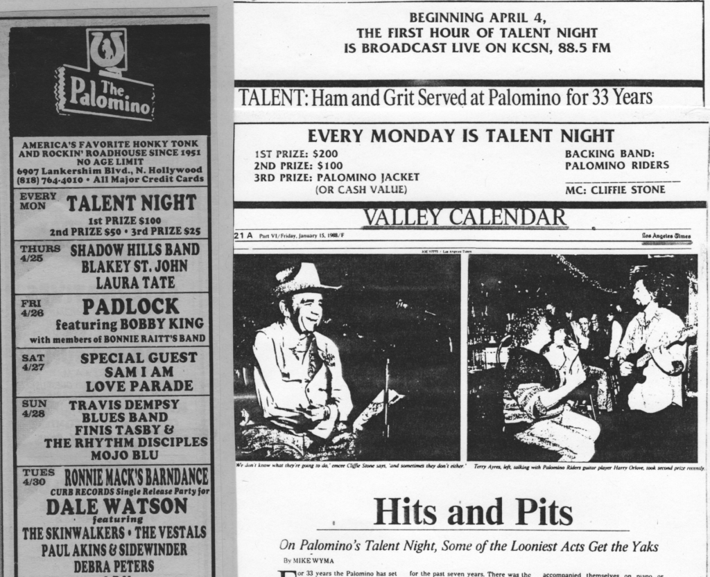 Newspaper clippings of Debra Peters winning first prize on Talent Night at The Palomino club in North Hollywood