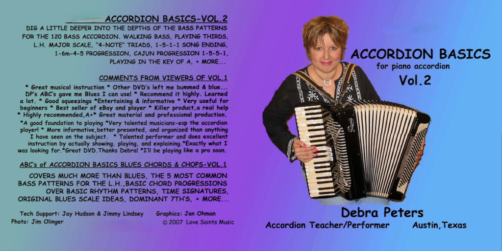 Accordion Basics Vol. 2 by Debra Peters – digital download for piano accordion covering walking bass, thirds, left-hand major scale, 4-note triads, progressions and more